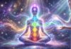Glowing human silhouette surrounded by vibrant chakra energy colors with a healer channeling light energy in a calm, cosmic background representing the benefits of energy healing and holistic well-being.