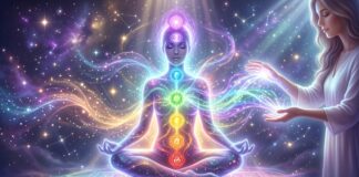 Glowing human silhouette surrounded by vibrant chakra energy colors with a healer channeling light energy in a calm, cosmic background representing the benefits of energy healing and holistic well-being.
