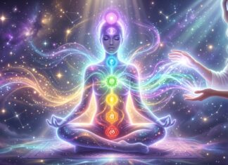 Glowing human silhouette surrounded by vibrant chakra energy colors with a healer channeling light energy in a calm, cosmic background representing the benefits of energy healing and holistic well-being.