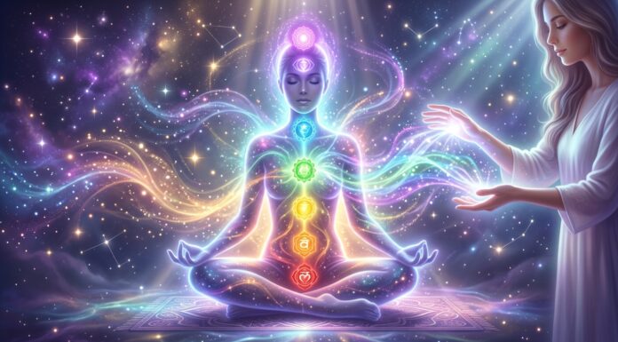 Glowing human silhouette surrounded by vibrant chakra energy colors with a healer channeling light energy in a calm, cosmic background representing the benefits of energy healing and holistic well-being.
