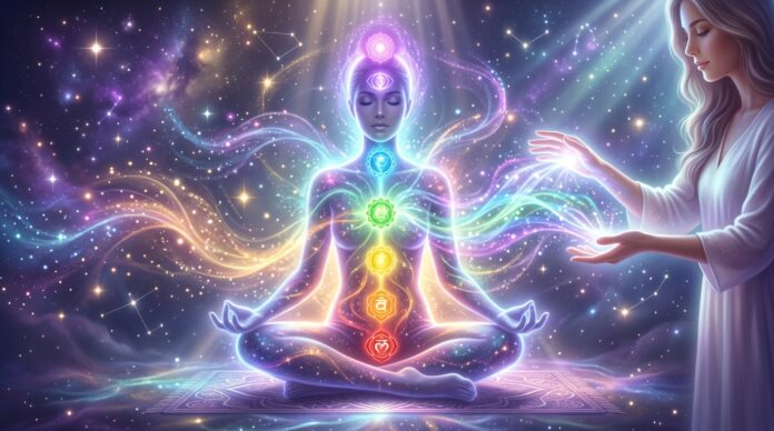 Glowing human silhouette surrounded by vibrant chakra energy colors with a healer channeling light energy in a calm, cosmic background representing the benefits of energy healing and holistic well-being.