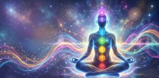 Glowing human figure surrounded by healing frequency waves, chakra energy, and spiritual sound vibrations during meditation.