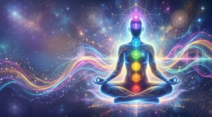 Glowing human figure surrounded by healing frequency waves, chakra energy, and spiritual sound vibrations during meditation.
