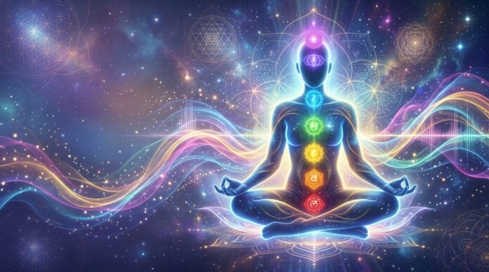 Glowing human figure surrounded by healing frequency waves, chakra energy, and spiritual sound vibrations during meditation.