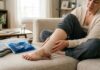 How Long Can a Sprained Ankle Take to Heal? Person recovering from a sprained ankle with compression bandage and ice pack at home