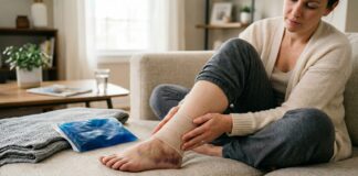 Person recovering from a sprained ankle with compression bandage and ice pack at home