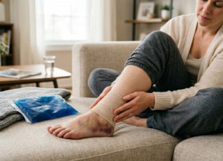 How Long Can a Sprained Ankle Take to Heal? Person recovering from a sprained ankle with compression bandage and ice pack at home