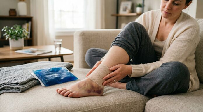 Person recovering from a sprained ankle with compression bandage and ice pack at home