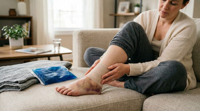 Person recovering from a sprained ankle with compression bandage and ice pack at home