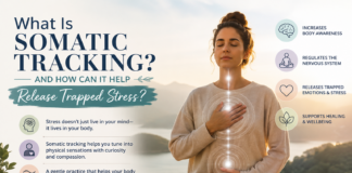 Person practising somatic tracking meditation with hands on the chest and abdomen, symbolising body awareness, nervous system regulation, emotional healing, and the release of trapped stress through mindful observation.