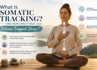 Person practising somatic tracking meditation with hands on the chest and abdomen, symbolising body awareness, nervous system regulation, emotional healing, and the release of trapped stress through mindful observation.