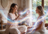 Professional energy healer channeling glowing sacred geometry light frequencies to a meditating client during an advanced distant healing and light language session.