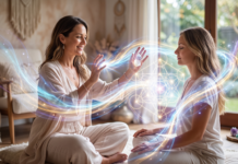 What Makes Someone One of the Best Energy Healers? Professional energy healer channeling glowing sacred geometry light frequencies to a meditating client during an advanced distant healing and light language session.