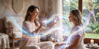 Professional energy healer channeling glowing sacred geometry light frequencies to a meditating client during an advanced distant healing and light language session.