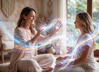 What Makes Someone One of the Best Energy Healers? Professional energy healer channeling glowing sacred geometry light frequencies to a meditating client during an advanced distant healing and light language session.