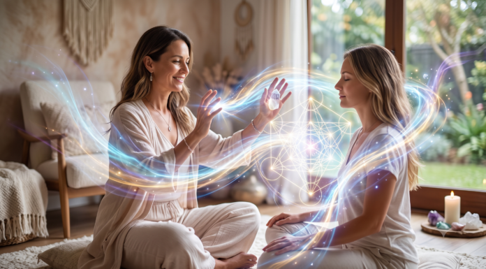 Professional energy healer channeling glowing sacred geometry light frequencies to a meditating client during an advanced distant healing and light language session.