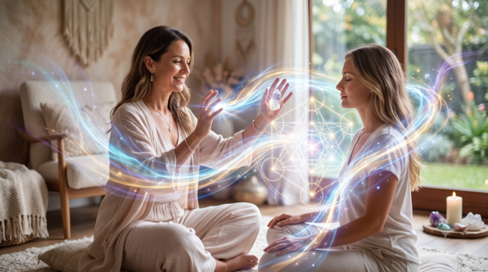 Professional energy healer channeling glowing sacred geometry light frequencies to a meditating client during an advanced distant healing and light language session.