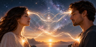 Spiritual connection between two people symbolised by glowing energy and a cosmic connection