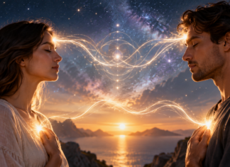 Spiritual connection between two people symbolised by glowing energy and a cosmic connection