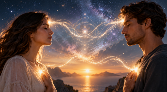 Spiritual Signs That Someone Is Missing You Spiritual connection between two people symbolised by glowing energy and a cosmic connection