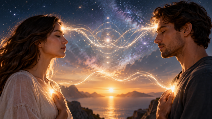 spiritual-signs-someone-is-missing-you Spiritual connection between two people symbolised by glowing energy and a cosmic connection
