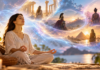 Can I Do Past Life Regression on Myself? A Beginner’s Guide A woman meditating peacefully as ethereal scenes of ancient temples, pyramids and historical figures appear around her, illustrating self-guided past life regression through relaxation and visualisation.