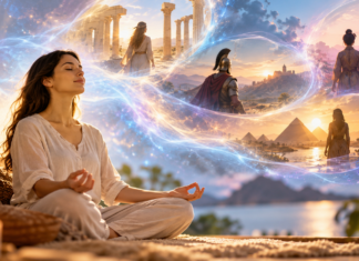 Can I Do Past Life Regression on Myself? A Beginner’s Guide A woman meditating peacefully as ethereal scenes of ancient temples, pyramids and historical figures appear around her, illustrating self-guided past life regression through relaxation and visualisation.