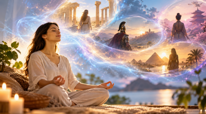 Can I Do Past Life Regression on Myself? A Beginner’s Guide A woman meditating peacefully as ethereal scenes of ancient temples, pyramids and historical figures appear around her, illustrating self-guided past life regression through relaxation and visualisation.
